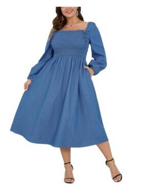 Plus Size Denim Midi Dress Square Neck Long Sleeve Pockets Smocked Fall